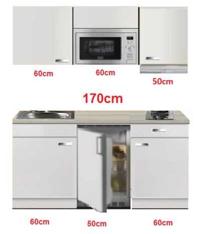 Kitchenette 170cm wit hoogglans met koelkast en kookplaat en magnetron en afzuigkap - KitchenetteOnline