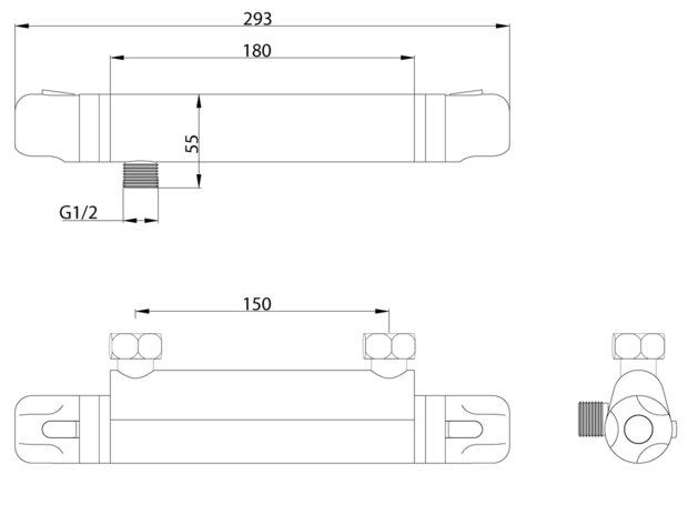 VINEA thermostatische mengkraan douche, chroom   ½" (Ø ca. 1,9 cm) keramisch ventiel bovenstuk  uitwisselbaar thermostaat element  temperatuurschaal met veiligheidsstop op 38 °C  ½" (Ø ca. 1,9 cm)