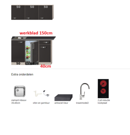 kleine keuken 140cm antraciet met koelkast en kookplaat RAI-8851