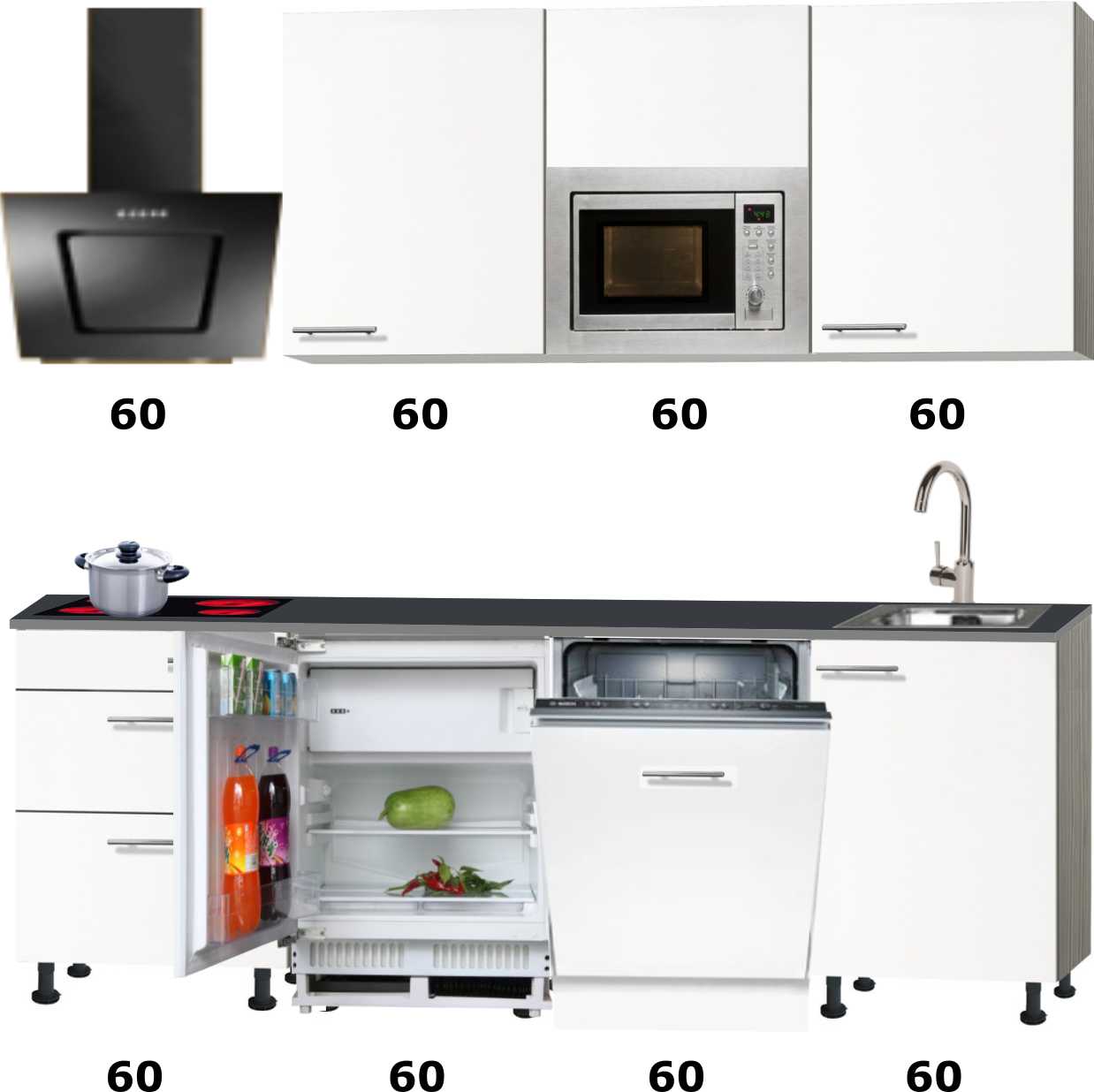 Spanje Bij zonsopgang Ligatie Keuken 240cm houtnerf incl koelkast, kookplaat en apothekerskast RAI-372 -  KitchenetteOnline